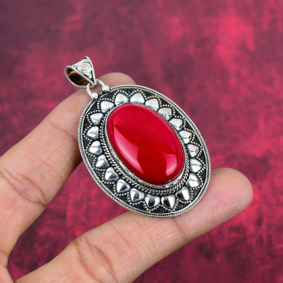 Red Coral Handmade Gemstone Pendant, 925 Solid Sterling Silver Pendant Antique Jewelry, For Engagement Gift