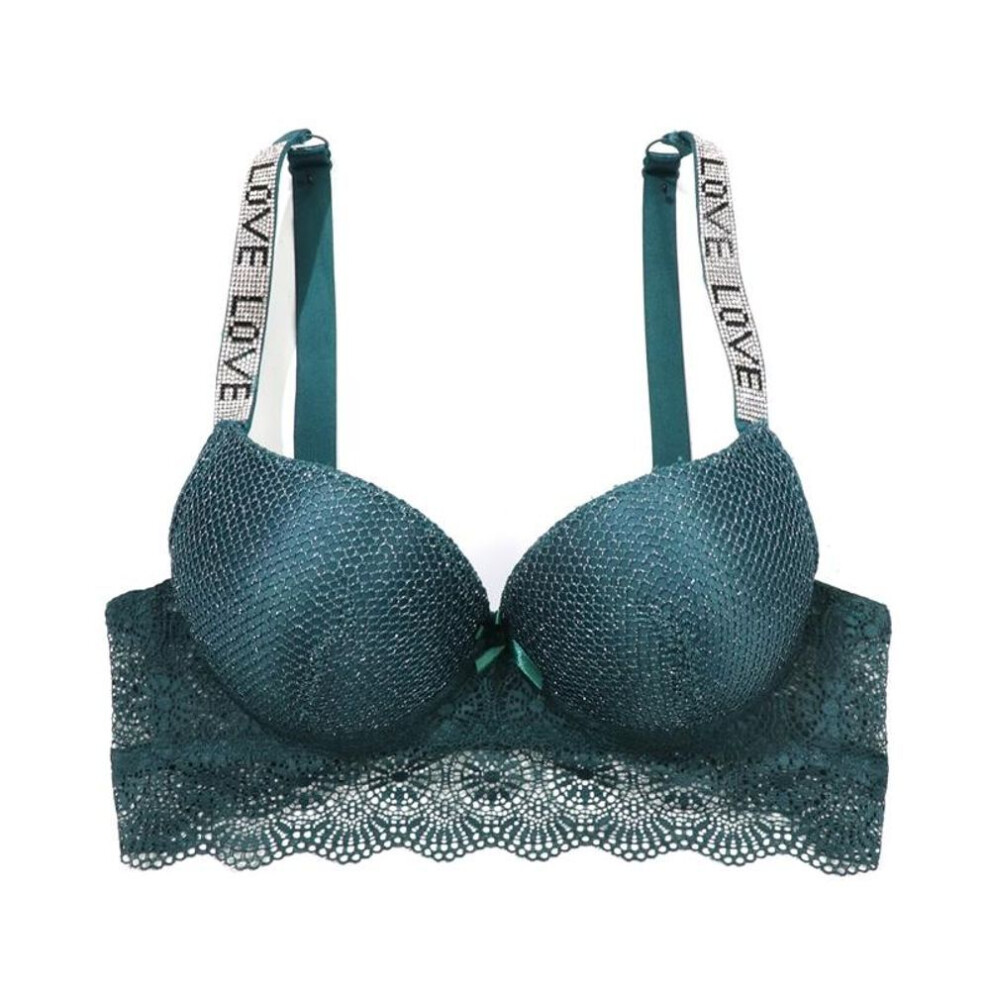 (green, 90B) Women Lace Bra Rhinestone Straps Lingerie Wired Padded Gather Bralette 75b-90 B Cup