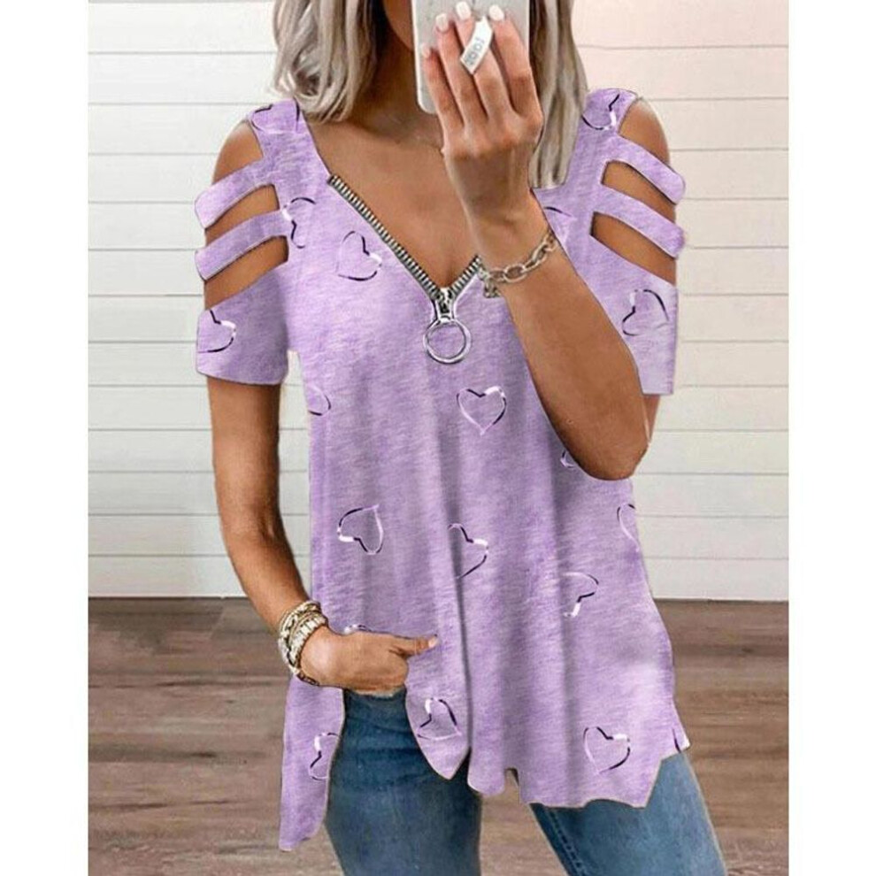 (XXXXXL, purple) Jkashdk Women's Fashion Casual Summer Spring Love Letter Print Short Sleeve V-neck Blouses & Shirts