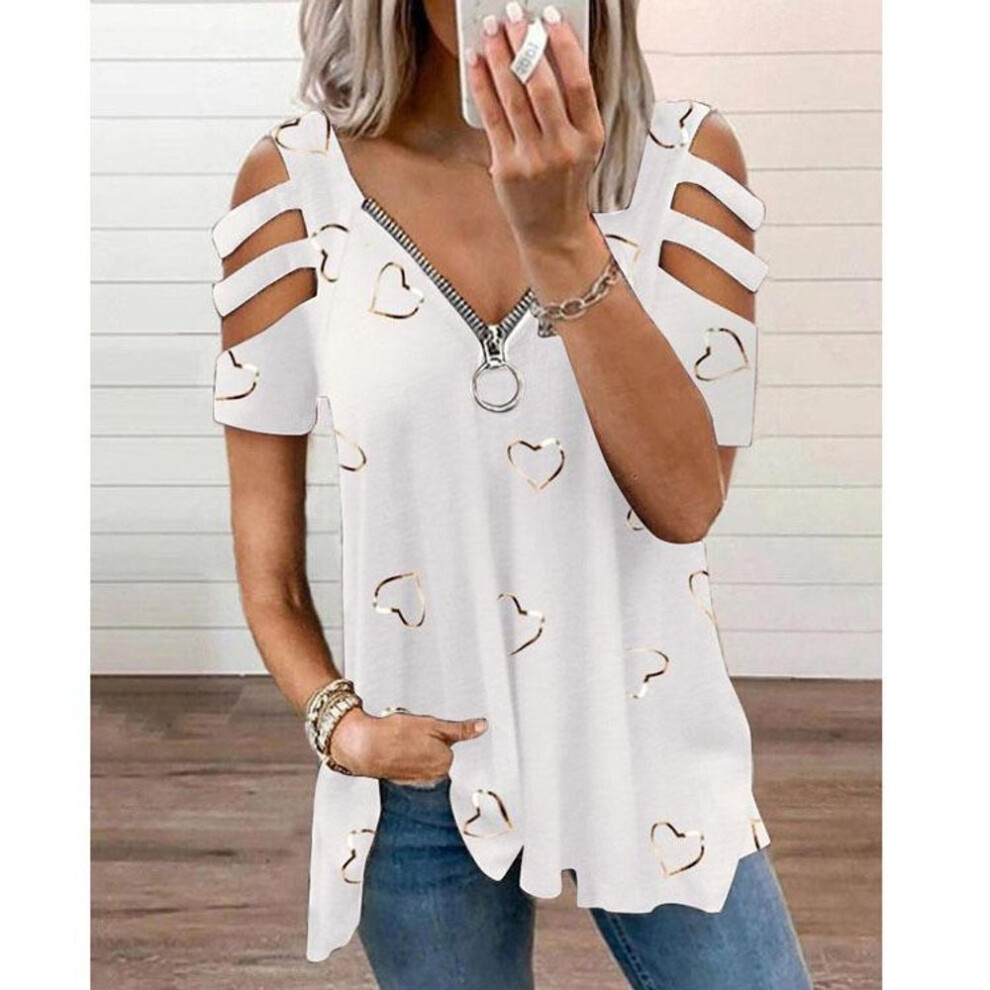 (XXL, white) Jkashdk Women's Fashion Casual Summer Spring Love Letter Print Short Sleeve V-neck Blouses & Shirts