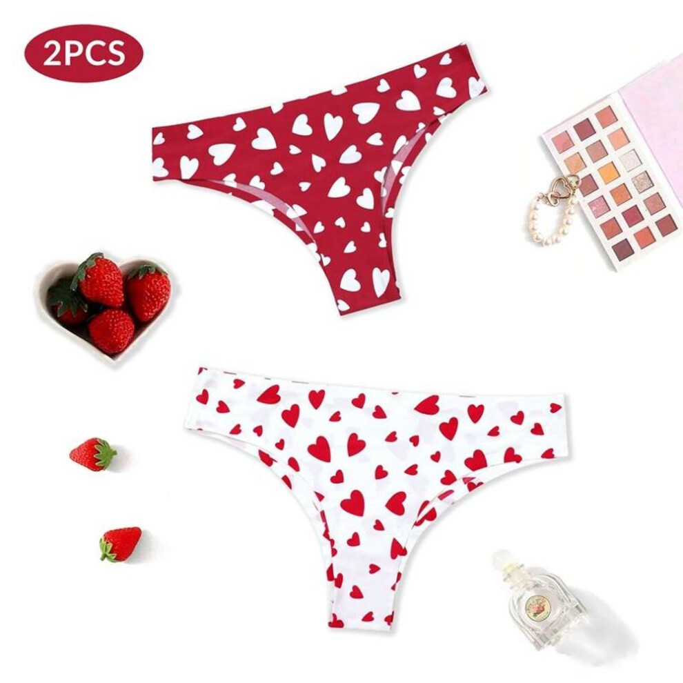 (multicolor, M) 2 Pcs/lot Love Heart Print Seamless G-string Panties Set For Girls Thongs T-back Underwear S M L
