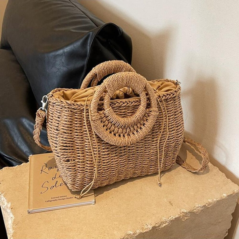 (khaki, 33x10x20cm) Straw Shoulder Bags For Women Summer Casual Woven Crossbody Bag Travel Basket Beach Bag Female Rattan Purse And Handbags