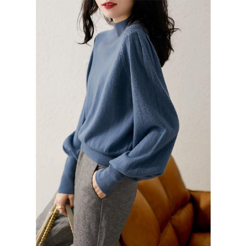 (One Size, blue) Autumn And Winter Women's Sweater Solid Color Half High Neck Long Sleeve Comfortable Casual Cropped Sleeve Knitwear