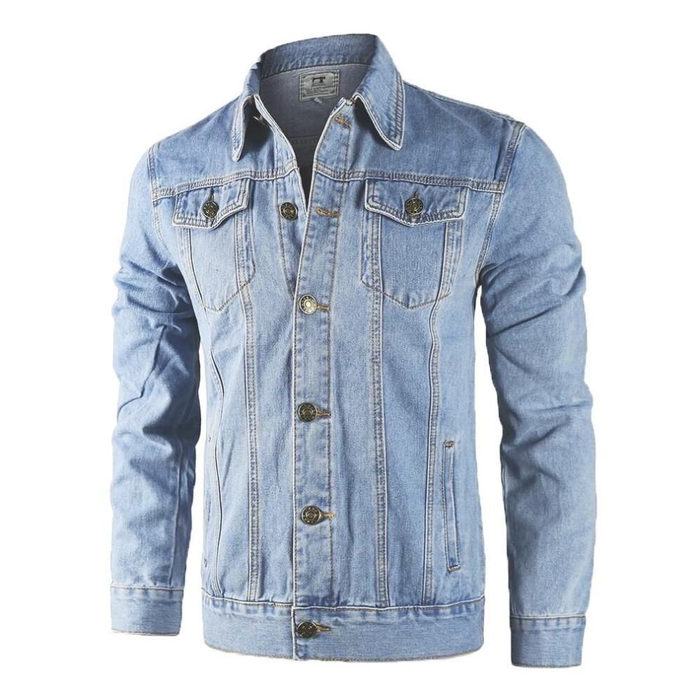 (light blue, M) New  Cotton Denim Jacket Men Casual Solid Color Lapel Single Breasted Jeans Jacket Men Autumn Slim Fit Quality Mens Jackets