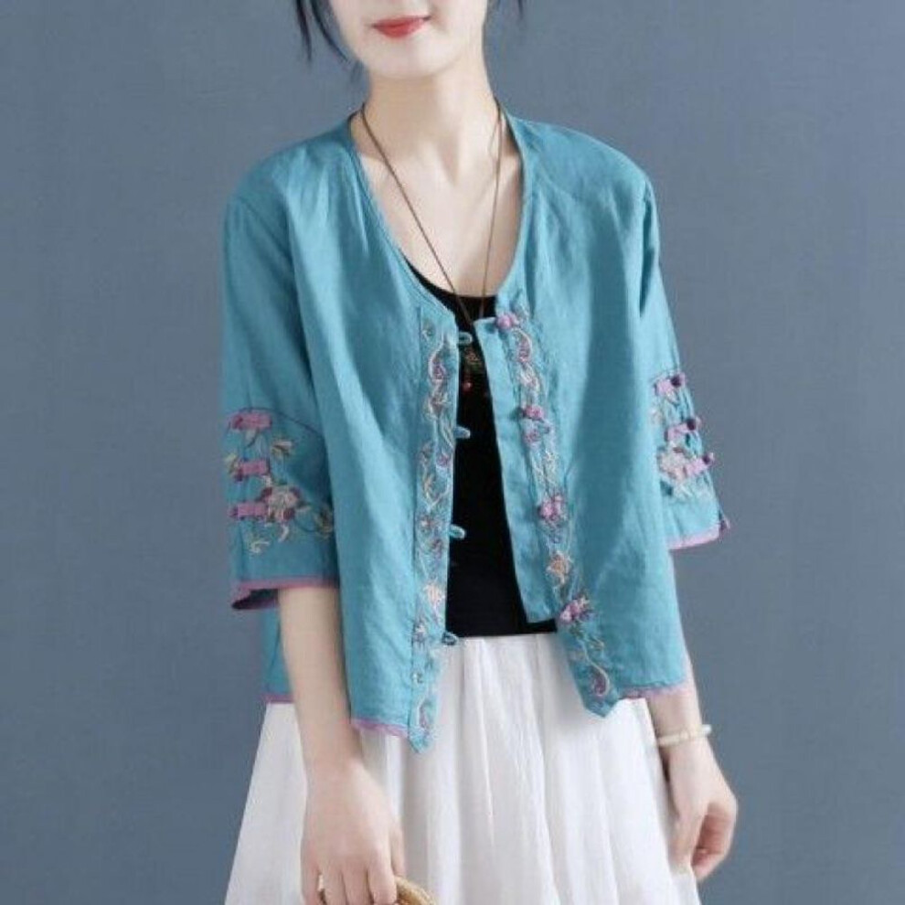 (M, blue) Summer Ethnic Style Cotton Linen Embroidery Vintage Frog Shirt Female Half Sleeve Loose Casual Fashion All-match Cardigan Blouse