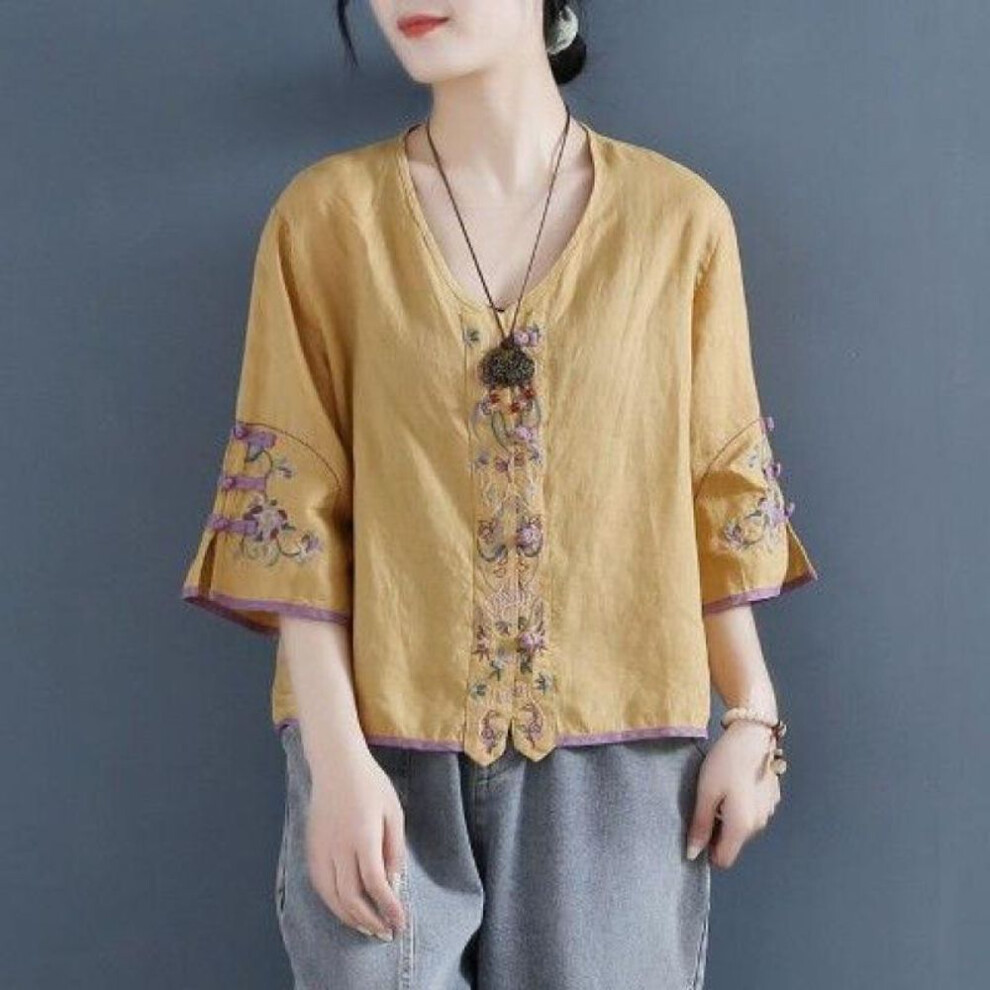 (2XL, yellow) Summer Ethnic Style Cotton Linen Embroidery Vintage Frog Shirt Female Half Sleeve Loose Casual Fashion All-match Cardigan Blouse