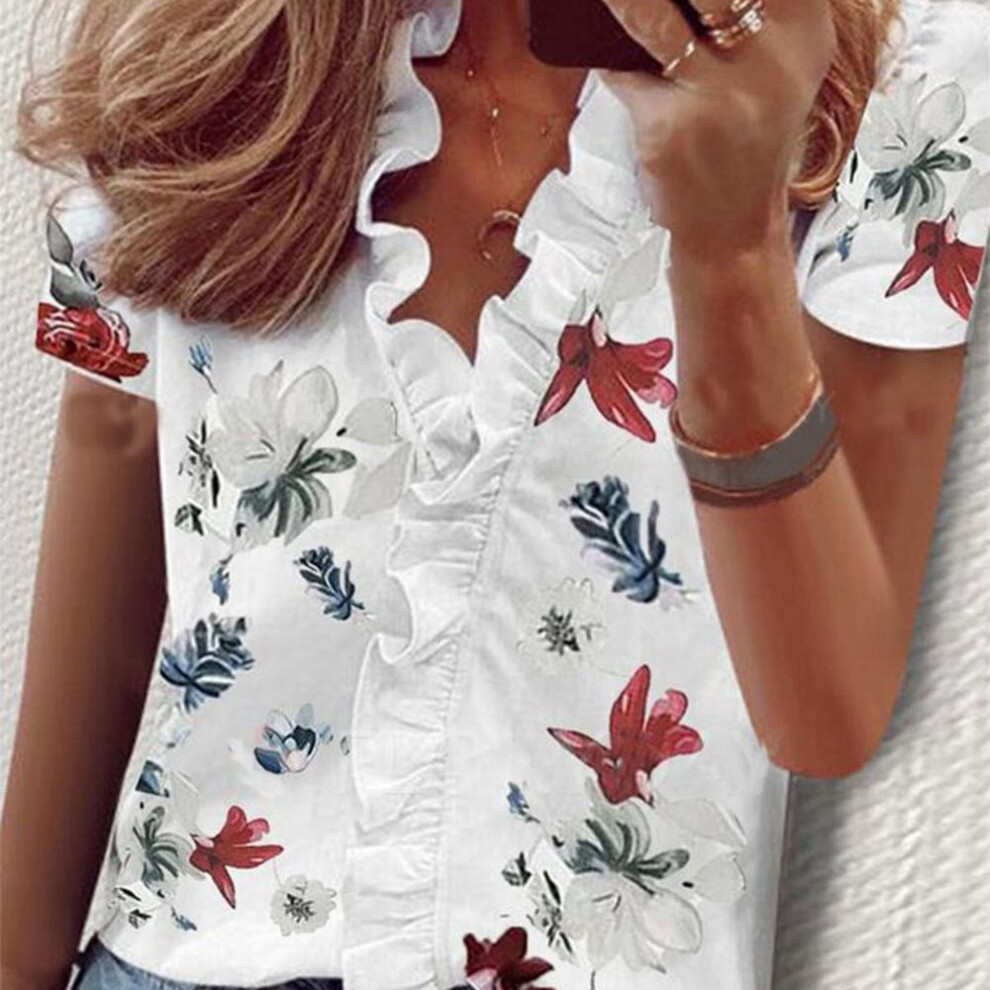 (S, red,white) Yyfs Women's Fashion Casual Summer Flower Pattern Print Short Sleeve Blouses & Shirts