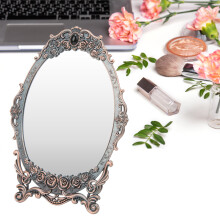 Retro Desktop Makeup Mirror Floral Embossed Beaded Edges Clear Image Functional Vintage Mirror DecorationRed Copper