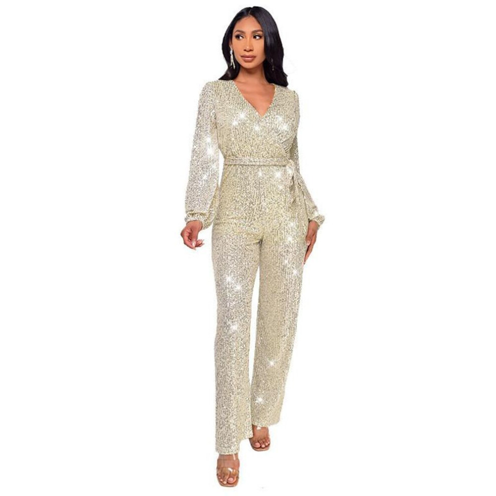 (beige, XXXL) Women Elegant Long Sleeves Sequins Host Wedding Bride Bridesmaids Evening Cocktail Party Long Jumpsuit