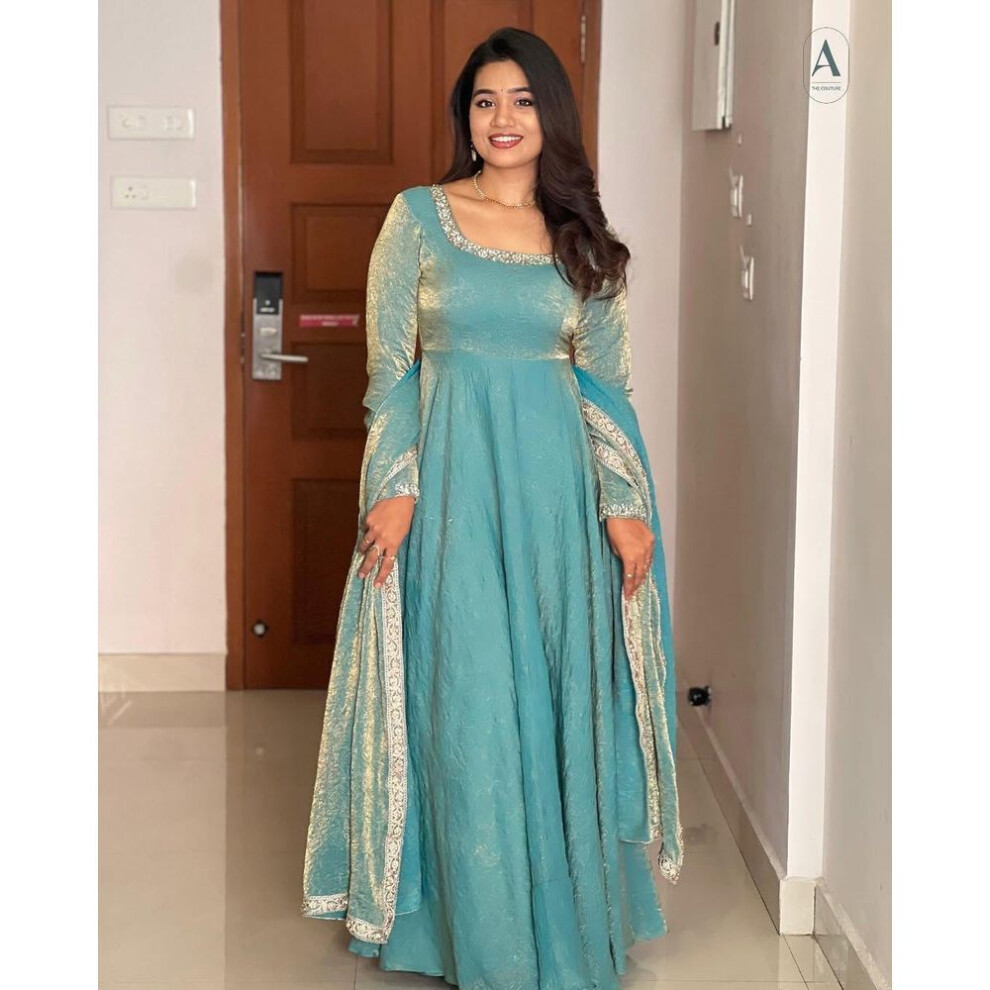(blue, XL) Women Designer Party Wear Gown And Dupatta Set Indian Pakistani Ethnic Kurti Dress