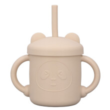 Vaso de silicona para bebé: dos asas, tapa, pajita, beige