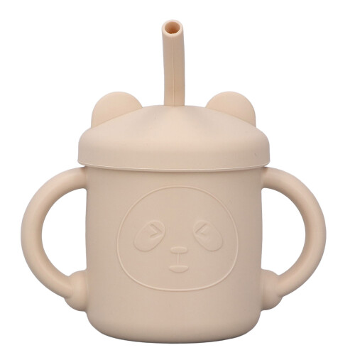 Tazza in silicone con due manici: cannuccia e coperchio beige 2