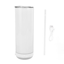Gobelet isotherme avec haut-parleur LED intégré, idéal pour les voyages et les cafés. Son utilisation est facilitée par une base amovible.