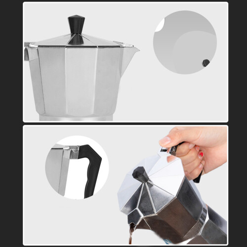 Cafetera moka octogonal de 6 tazas, plateada, 300 ml
