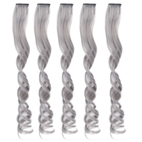 5 pezzi di extension per capelli a clip da 55 cm ricci grigi 1