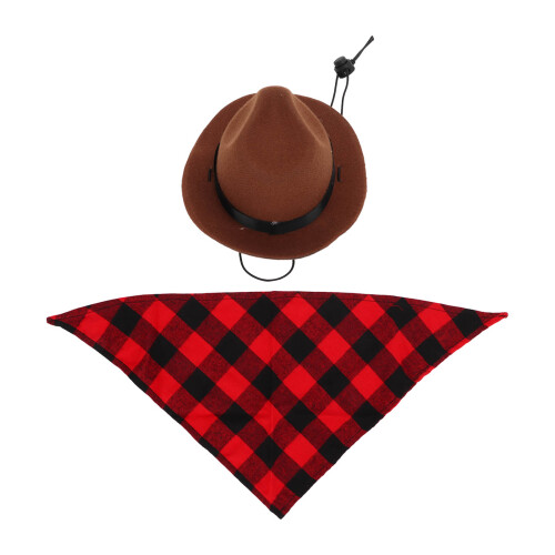 Set cappello da cowboy e sciarpa per cane a quadri marrone e rosso 1