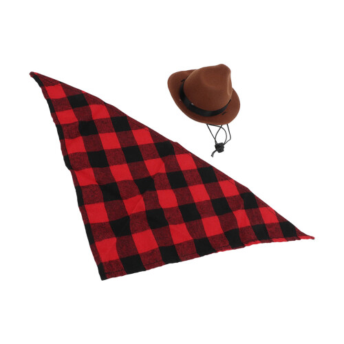 Set cappello da cowboy e sciarpa per cane a quadri marrone e rosso 2
