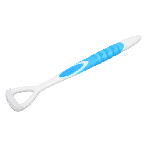 Raschialingua ergonomico, plastica, blu, igiene orale