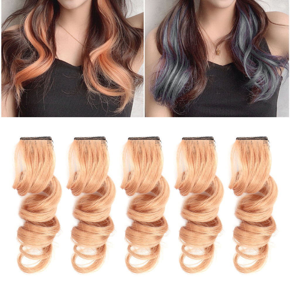 Unisex Pink 5Pcs Long Curly Hairpiece Women Girls Stylish Hair Extension Colored Highlights Hairpiece With Cliporange