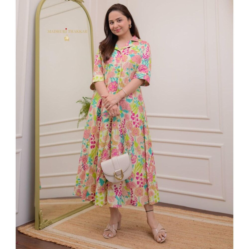 (L, white) Women Indian Pakistani Designer Party Wear Pure Cotton Kurta Kurti Gown Top Tunic Dress