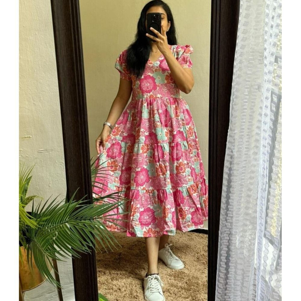 (L, pink) Women Party Wear Beautiful Printed Cotton Midi Gown Dress Indian Pakistani Top Tunic Kurti