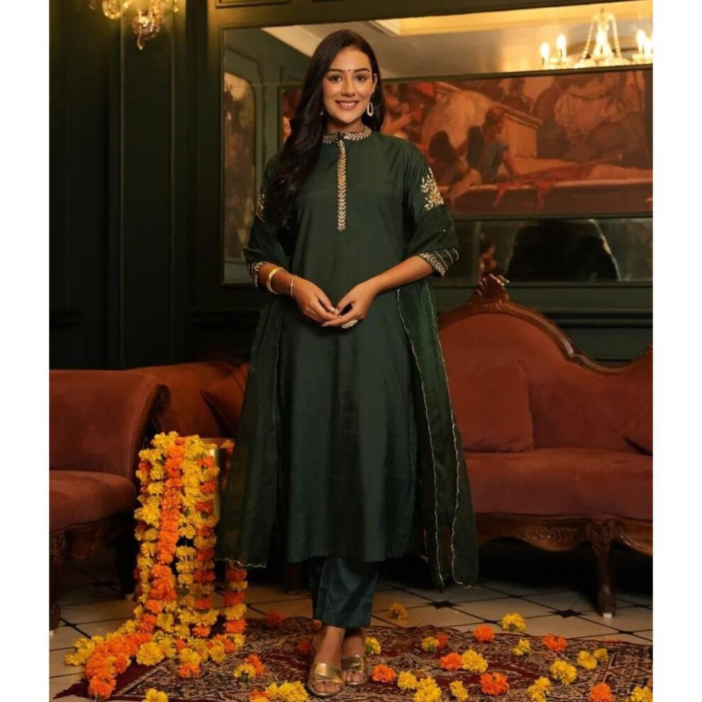 (green, M) Indian Designer Kurta Pant Dupatta Set Women Bollywood Top Tunic Salwar Kameez Kurti Dress