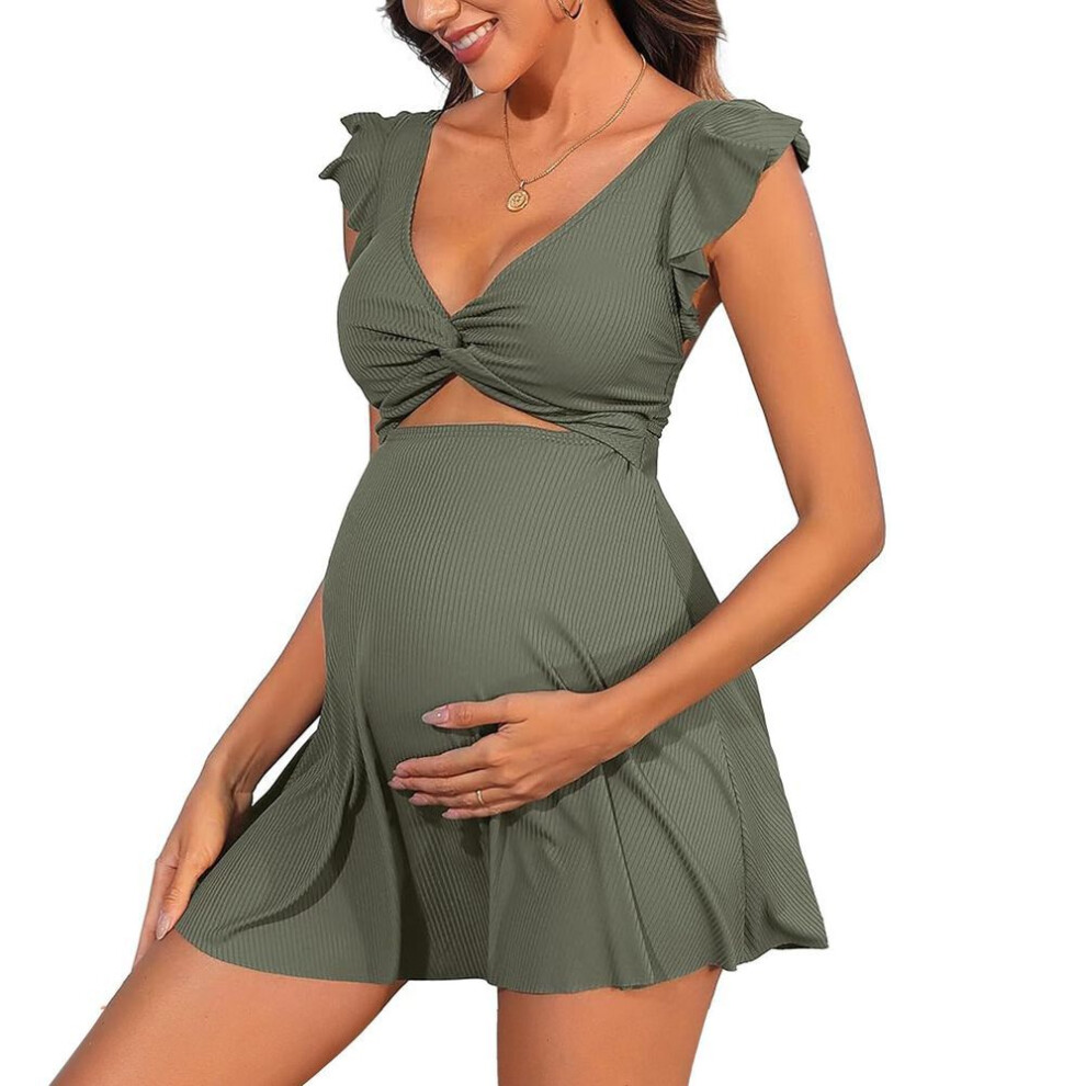 (M, green) Charmleaks Ruffle Ribbed Maternity Swimsuit One Piece Cutout Pregnancy Bathing Suits Push Up Twisted Swimwear Swim Dress