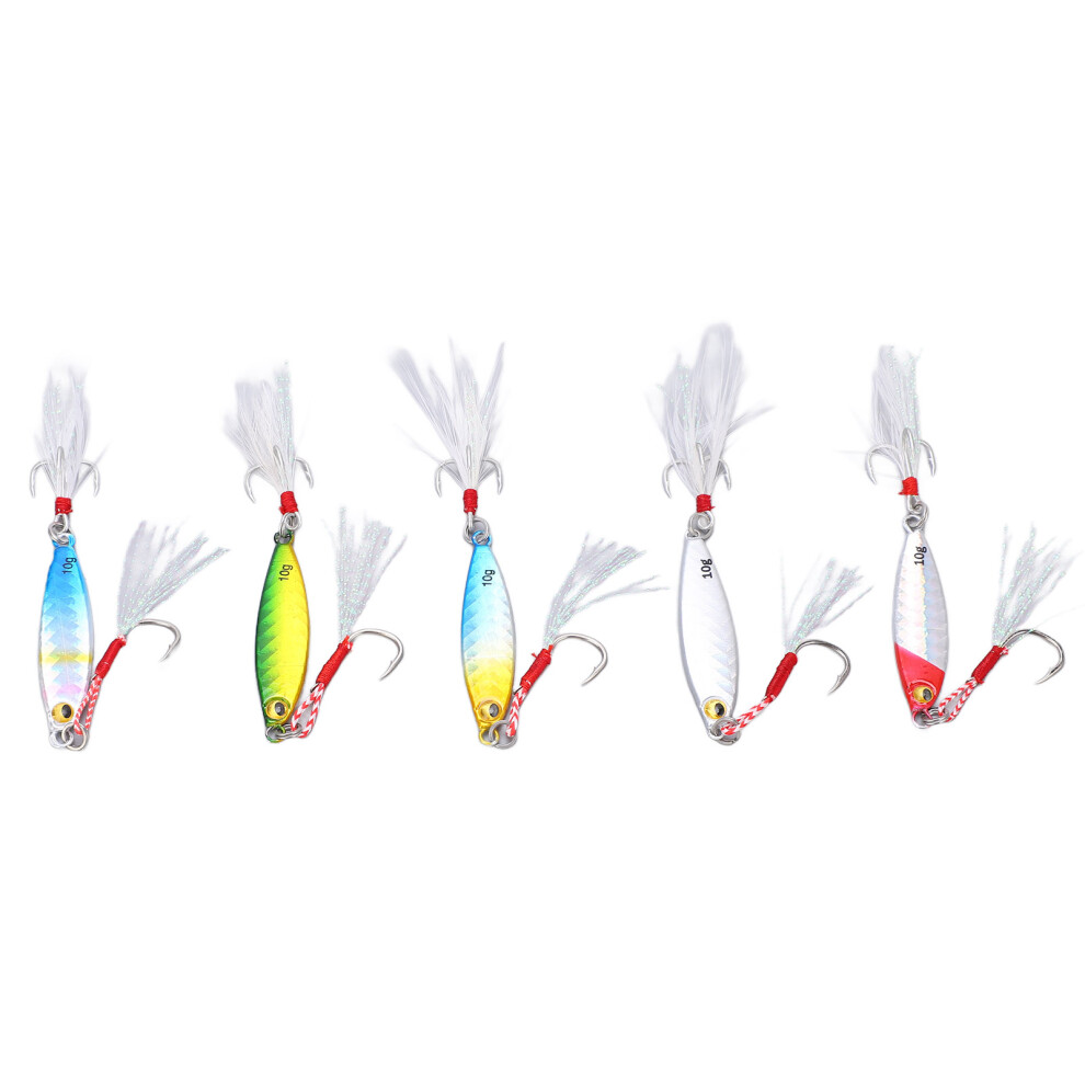 5Pcs 10g Jig Fishing Lure Metal Jig Baits Artificial Lure with Feather Hooks Fishing Tackles for Bass
