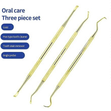 Set of 3Pcs Dental Tools Set with Box Dental Mirror Tartar Removal Gold Probe Crochet Calculus Hoe Pet