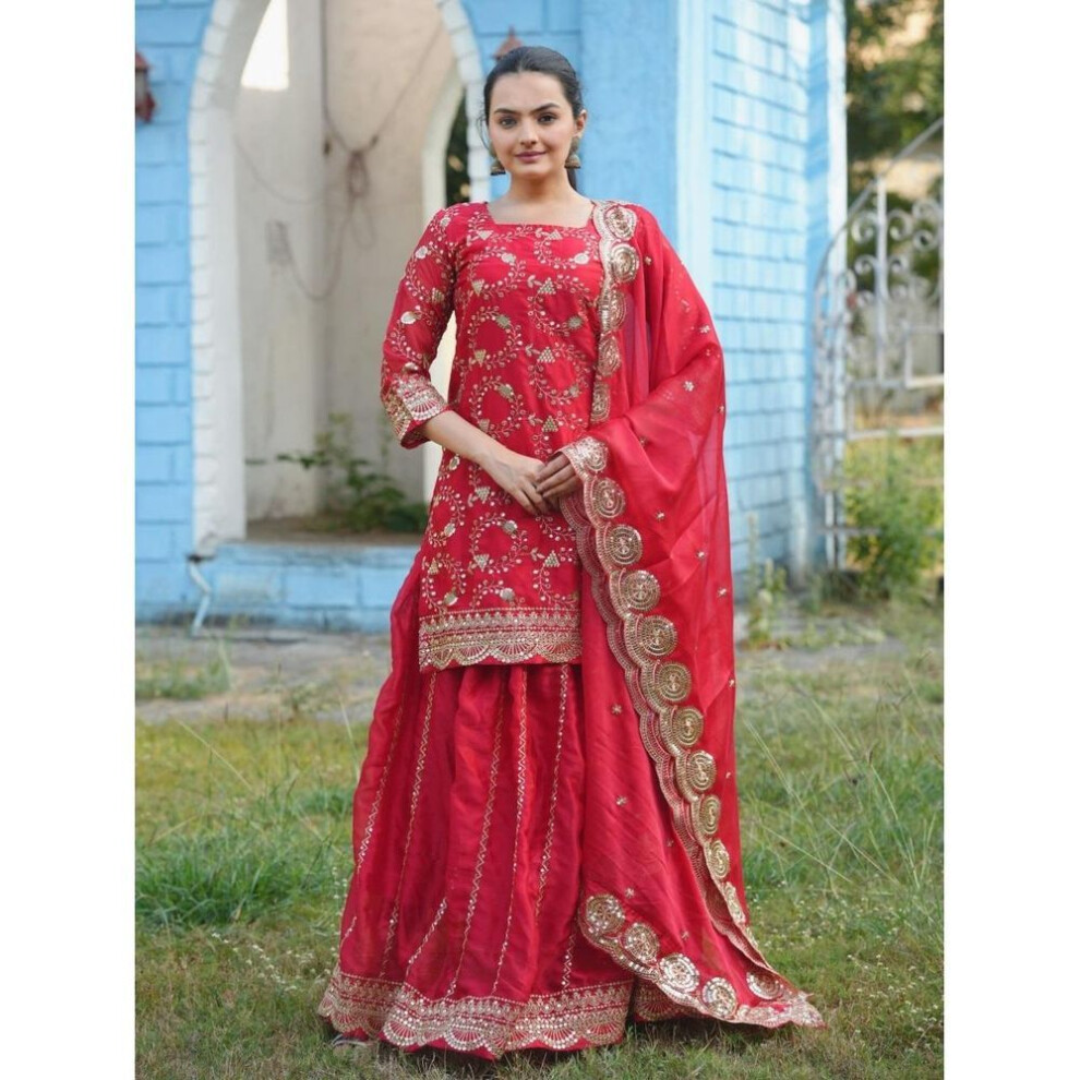 (red, S) Women Indian Pakistani Kurta Suit Lehenga Dupatta Set Party Wear Designer Crop Top Dress