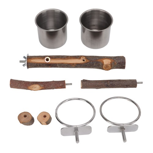 Soporte de madera para loro con cuenco de comida de acero inoxidable 1