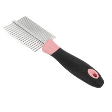 Peigne pour animaux en acier inoxydable à dents larges et denses pour chats et chiens rose