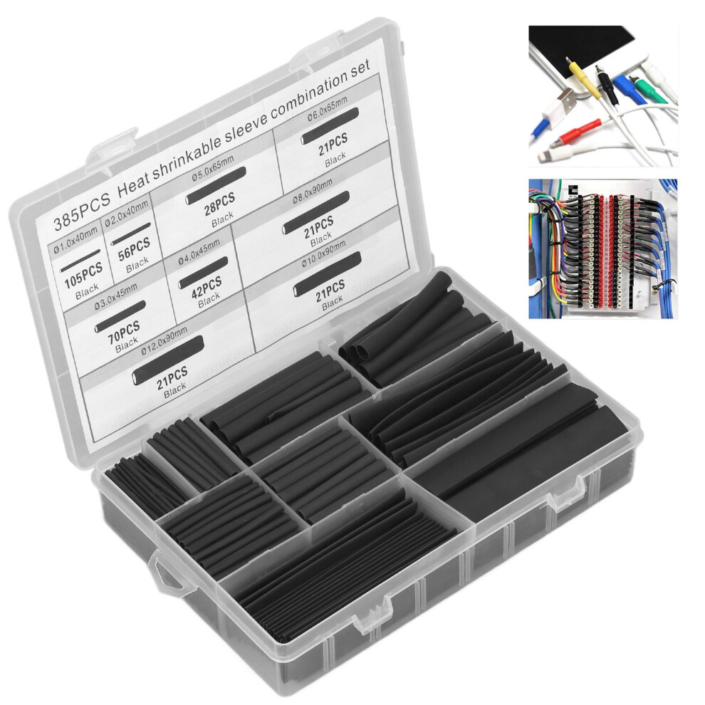 385Pcs Heat Shrink Tubing Kit Electric Insulation Flame Retardant Cable Wire Wrap Set 8151321885417