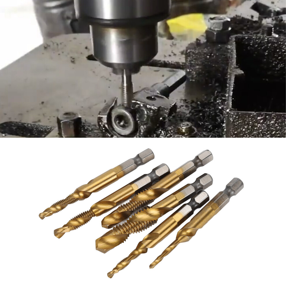 6Pcs Drill Tap 1/4in Hex Shank Spiral Bit Set Kit for Drilling Tapping ChamferingTi Plated-image-OPC-PHVV5TM-NEW