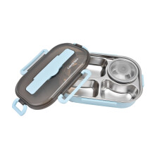Portable Kids 304 Stainless Steel Lunch Box 1.3L Four Compartment Bento Box with Soup Bowl Chopsticks SpoonBlue
