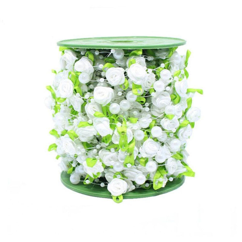 (white) 2m Pink Rose Pearl Leaf String Beads Garland Ribbon For Wedding Party Home Crafts Decoration Diy Accessory Gift Wrapping