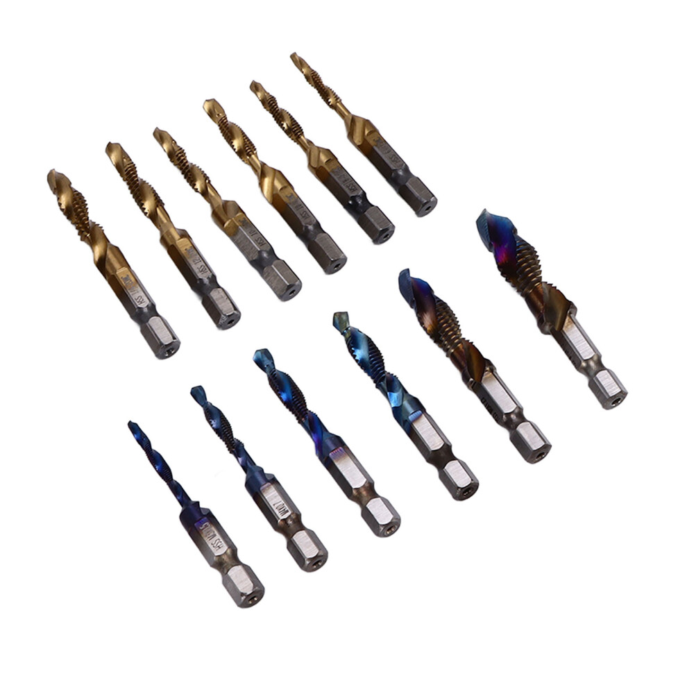 12Pcs Combined Tap Drill Bit Set Hss Metric Blue Plating Imperial Ti Plated 1/4In Hex Shank 5041321920801