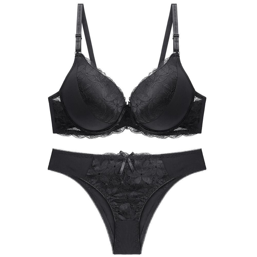 (black, 34C) Sexy Plus Size Women Lace Bra Set Underwear Push Up Bra And Brief Sets Ladies Bra Panty Sets
