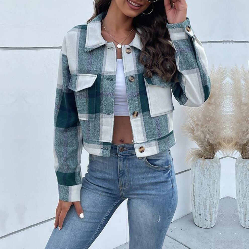 (M, green) Autumn And Winter Women's Shirt Jacket Short Plaid Cardigan Shirt Vintage Jacket