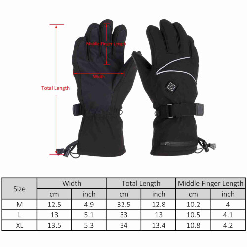 Gants chauffants noirs M/L/XL, 3 piles AA, 3 températures 1