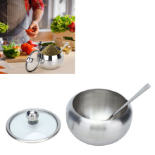 Sugar Bowl Stainless Steel Clear Lid Glossy Inbuilt Spoon Durable Rustproof Oxidation Resistance Sugar Container