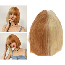 Peluca de flequillo corto castaño claro cabello liso fibra HT