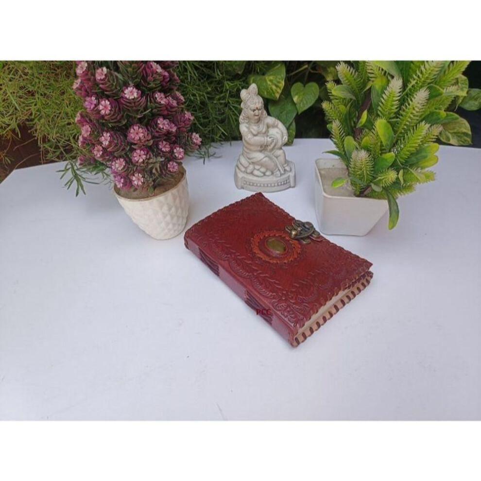 Handmade Leather Journal Notebook With Stone Antique Lock 200 Plain Pages  Red Brown Sketchbook For Artists Gifts For Her Him