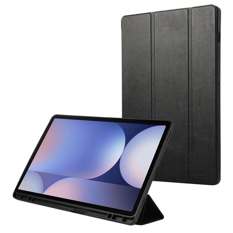(as the picture, Black) For Samsung Galaxy Tab S10+ Case With Pen Slot Solid Color Tri-fold Stand Pu Leather+tpu Tablet Cover