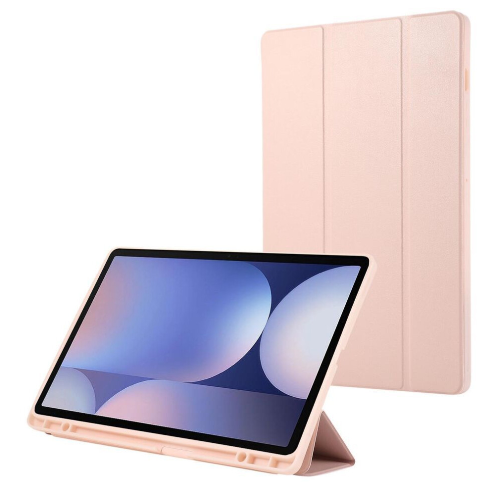 (as the picture, Pink) For Samsung Galaxy Tab S10+ Case With Pen Slot Solid Color Tri-fold Stand Pu Leather+tpu Tablet Cover