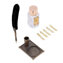Set di penne a piuma nere, pennino piatto da 1 a 5 mm, bottiglia d'inchiostro.