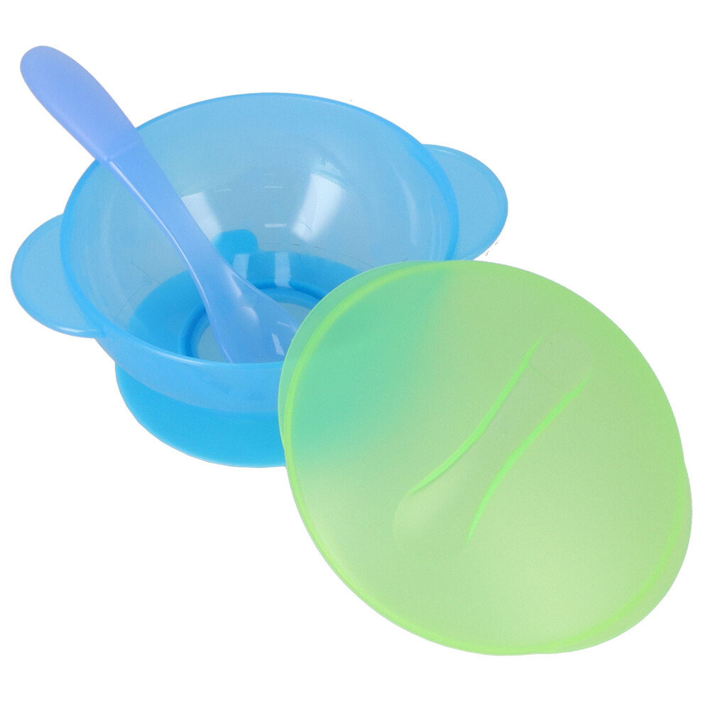 Baby Suction Bowl with Lid and Spoon Set Food Grade PP Machine Washable Baby Feeding BowlsBlue