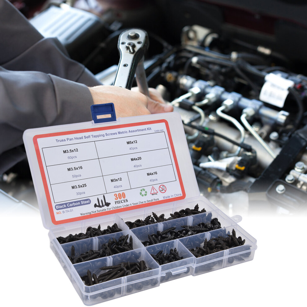 300Pcs Truss Head Self Tapping Screws Cross Carbon Steel Screw Assortment Kit M3 M3.5 M4 M5 6931322054577