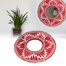 Straw Plaited Hanging Mirror Decoration Retro Nordic Style Round Hand Woven Dressing MirrorRed