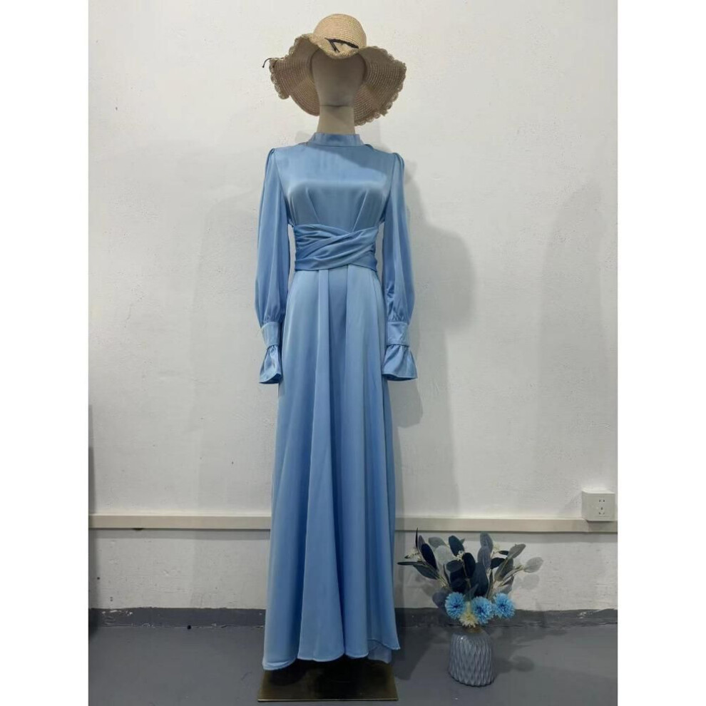(light blue, S) 2024 Spring And Autumn Lady Dresses Sleeve Skinny Waist Stand Collar Solid Colour A-line Pleated Shopping Commuter Party Prom Maxi Dresses